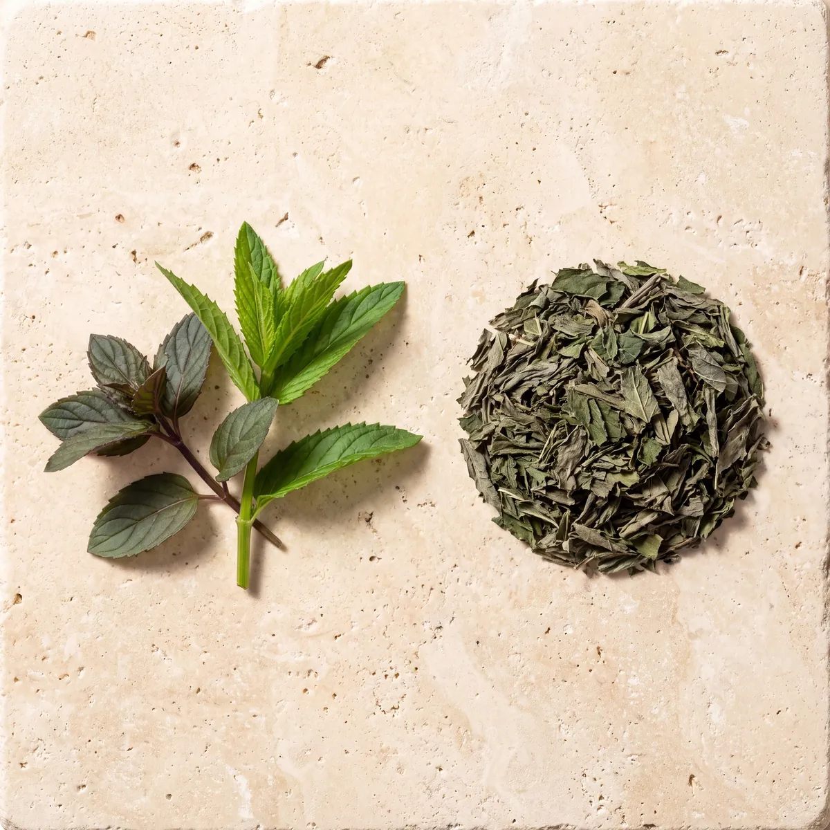 Menthe : le brin frais et la plante séchée
