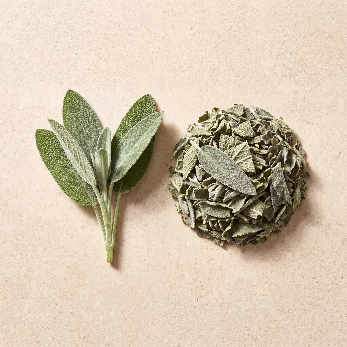 Sauge officinale : le brin frais et la plante séchée