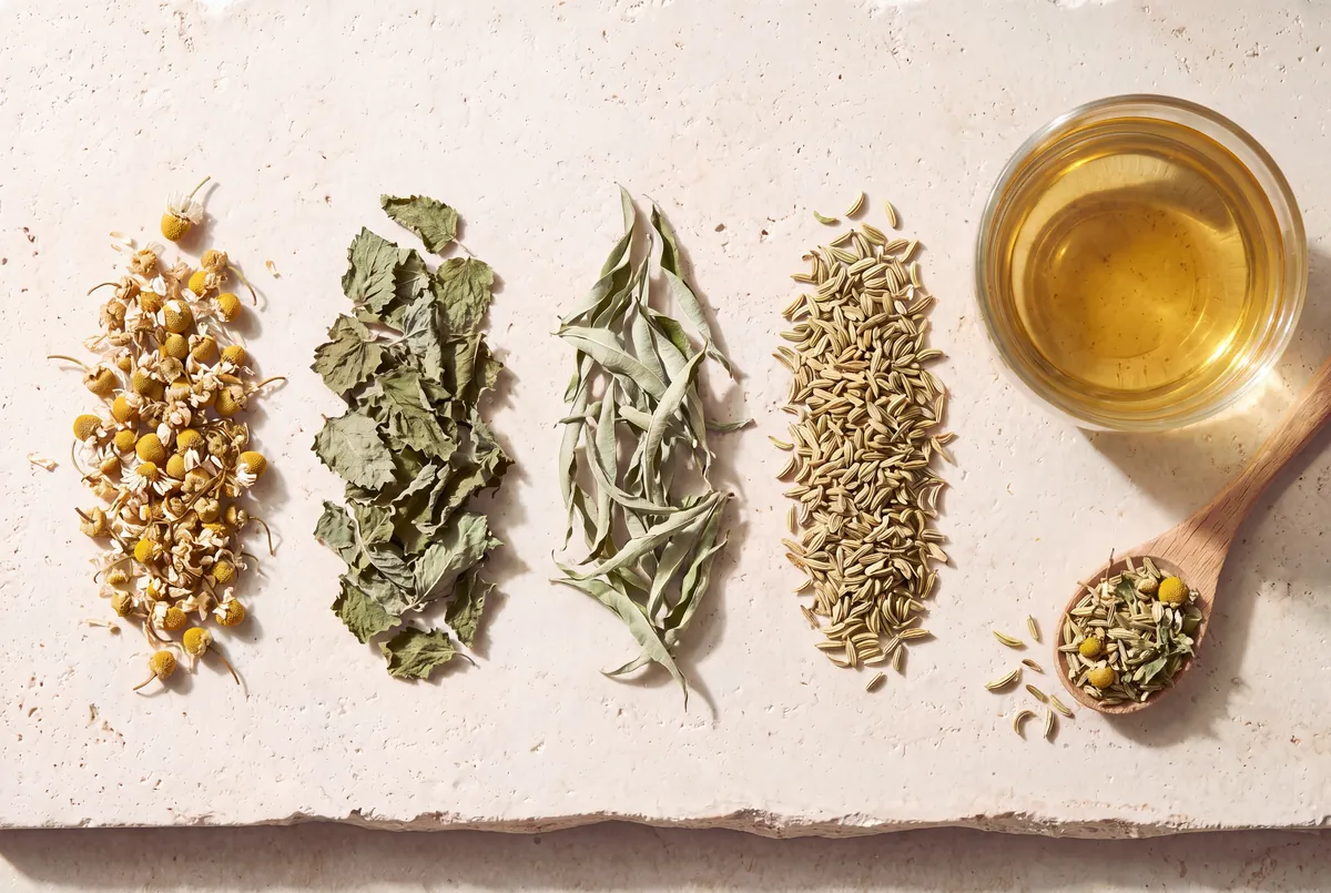 Les plantes de la recette Sommeil profond, en tas sur la pierre, et la tasse d'infusion