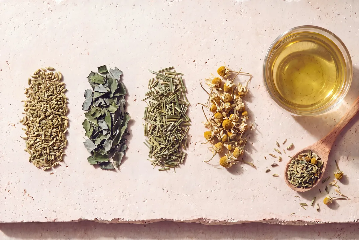 Les plantes de la recette Après-repas léger, en tas sur la pierre, et la tasse d'infusion