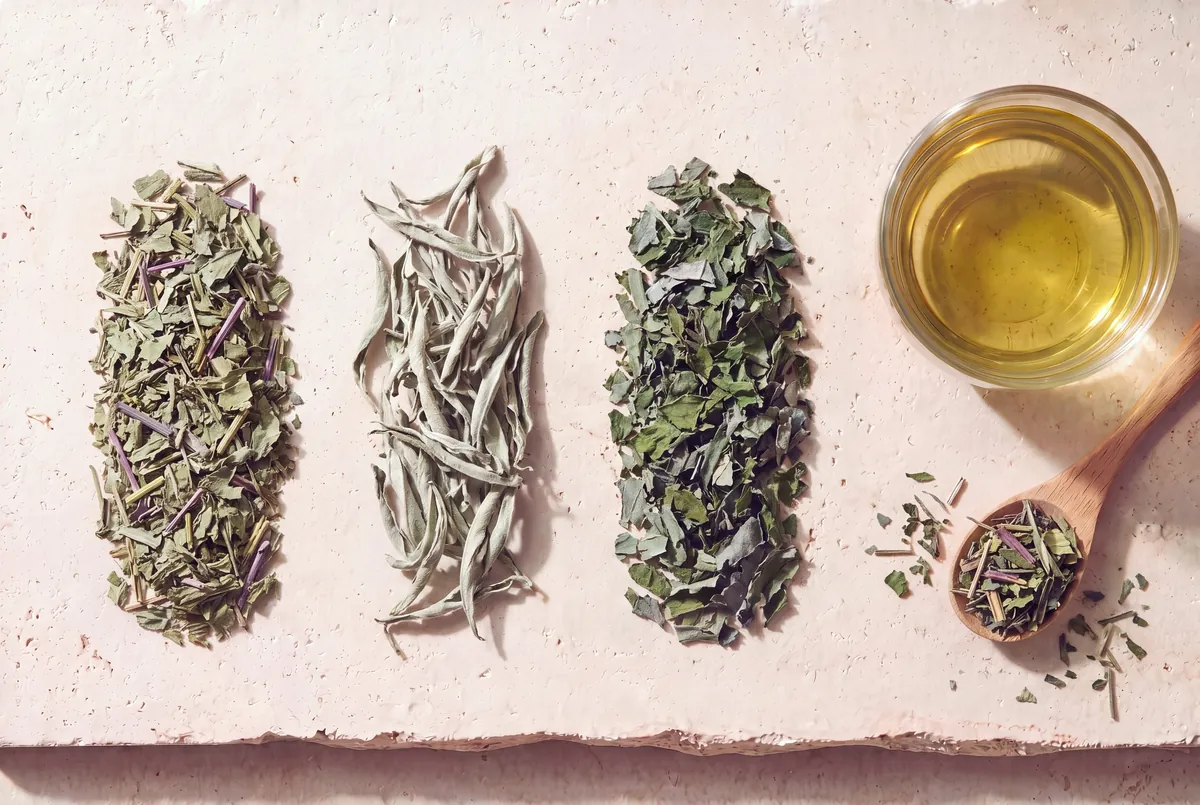 Les plantes de la recette Clarté mentale, en tas sur la pierre, et la tasse d'infusion