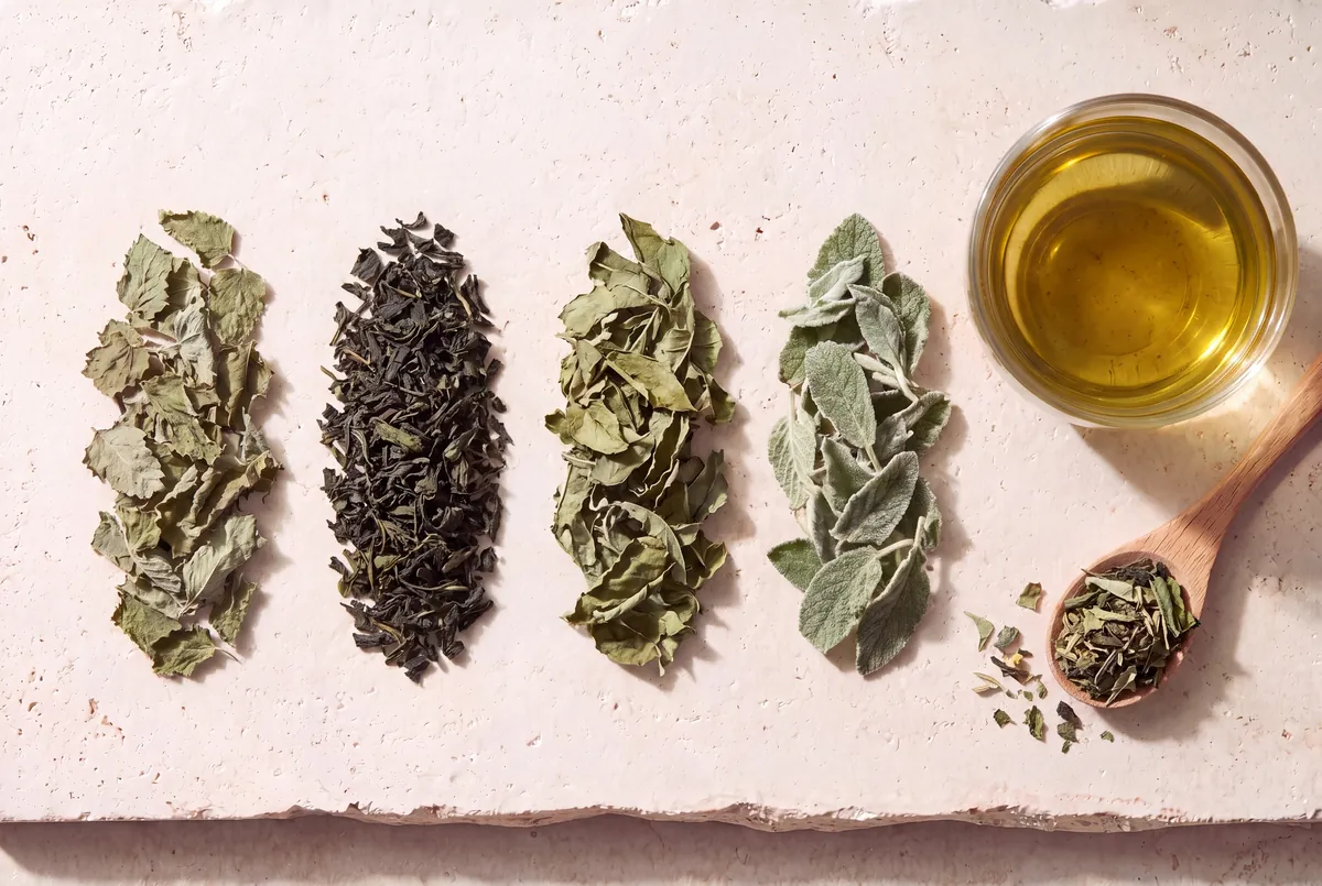 Les plantes de la recette Confort féminin, en tas sur la pierre, et la tasse d'infusion