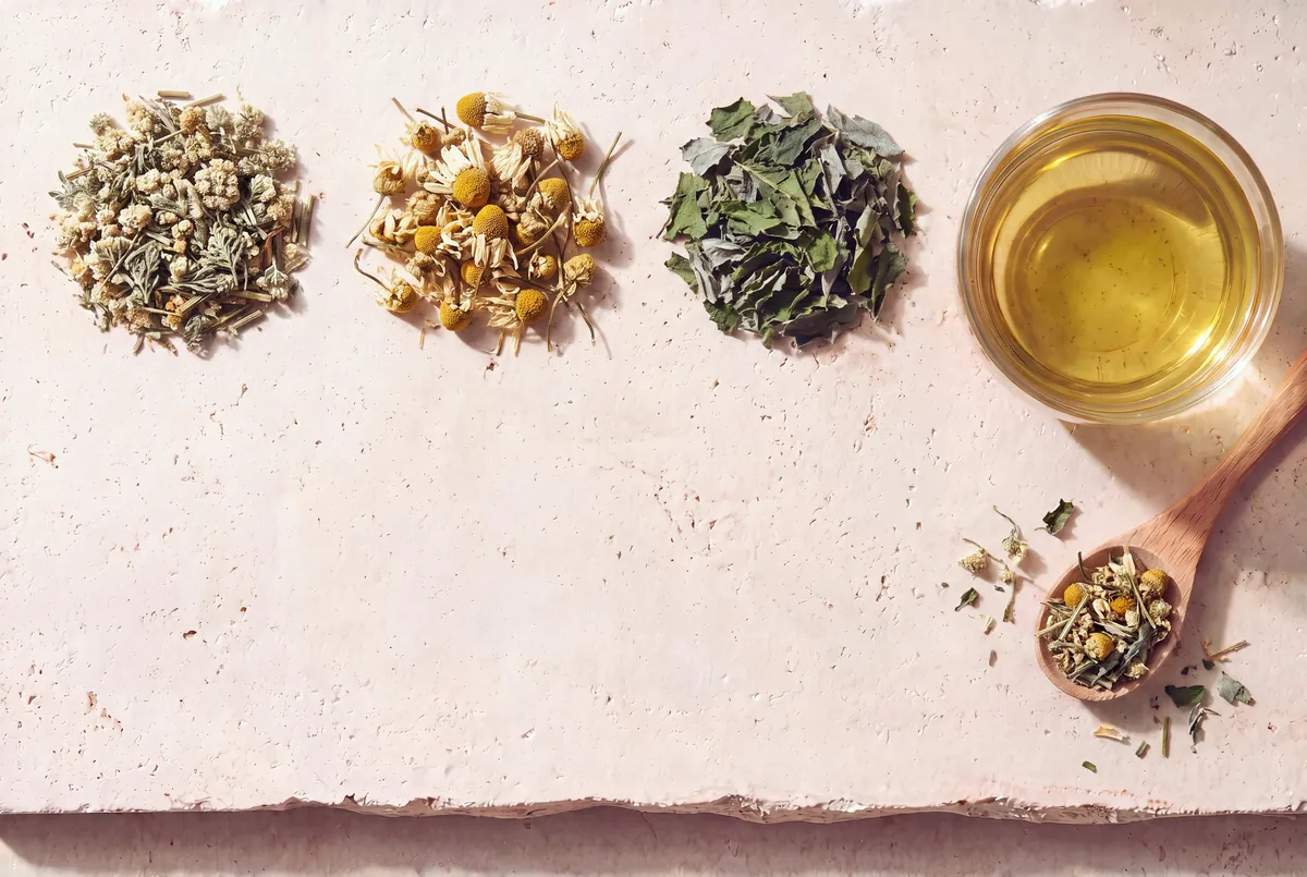 Les plantes de la recette Cycle apaisé, en tas sur la pierre, et la tasse d'infusion