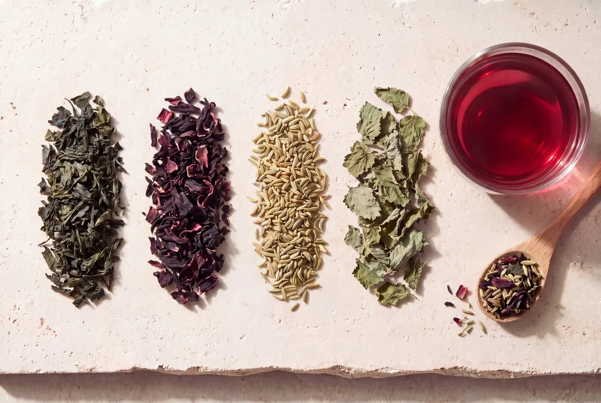 Les plantes de la recette Détox douce, en tas sur la pierre, et la tasse d'infusion