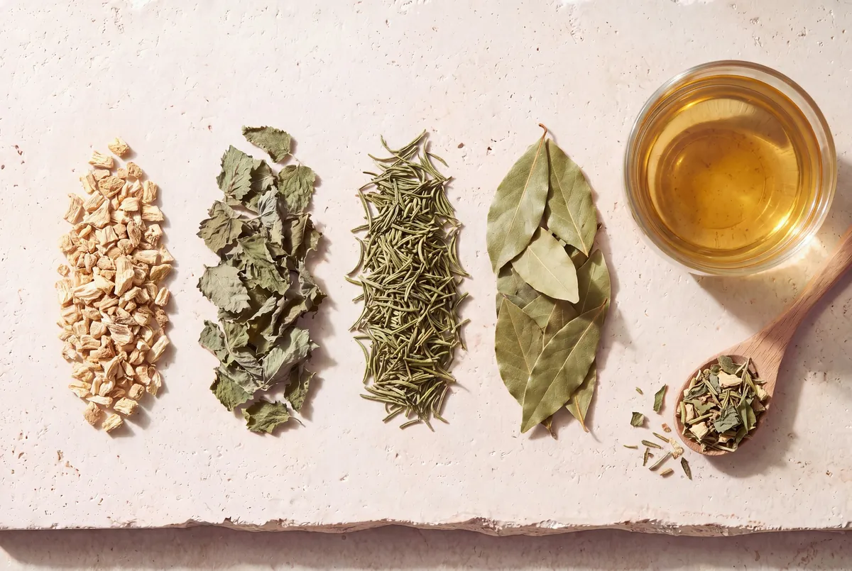 Les plantes de la recette Digestion tonique, en tas sur la pierre, et la tasse d'infusion