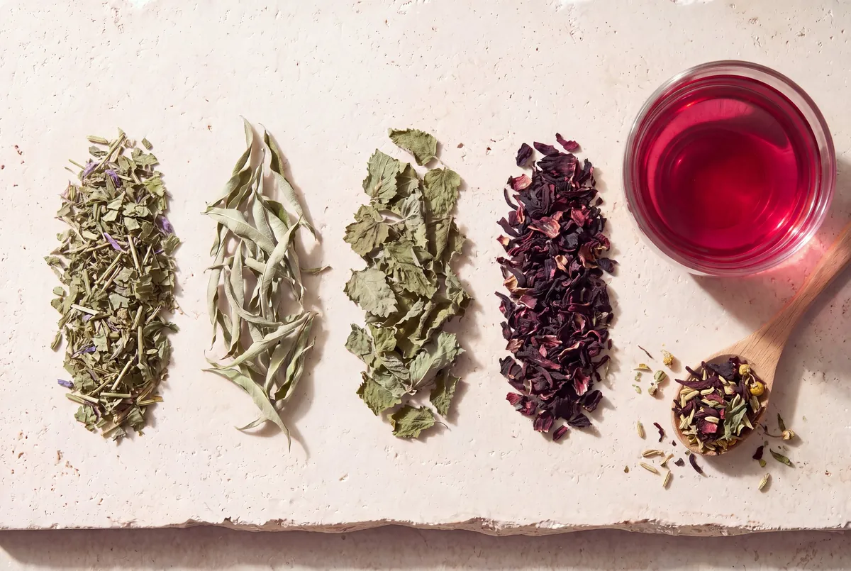 Les plantes de la recette Énergie douce & focus, en tas sur la pierre, et la tasse d'infusion