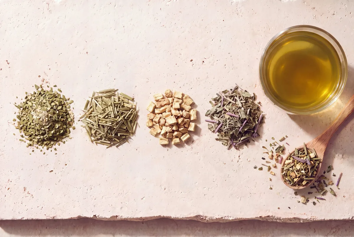 Les plantes de la recette Énergie naturelle, en tas sur la pierre, et la tasse d'infusion