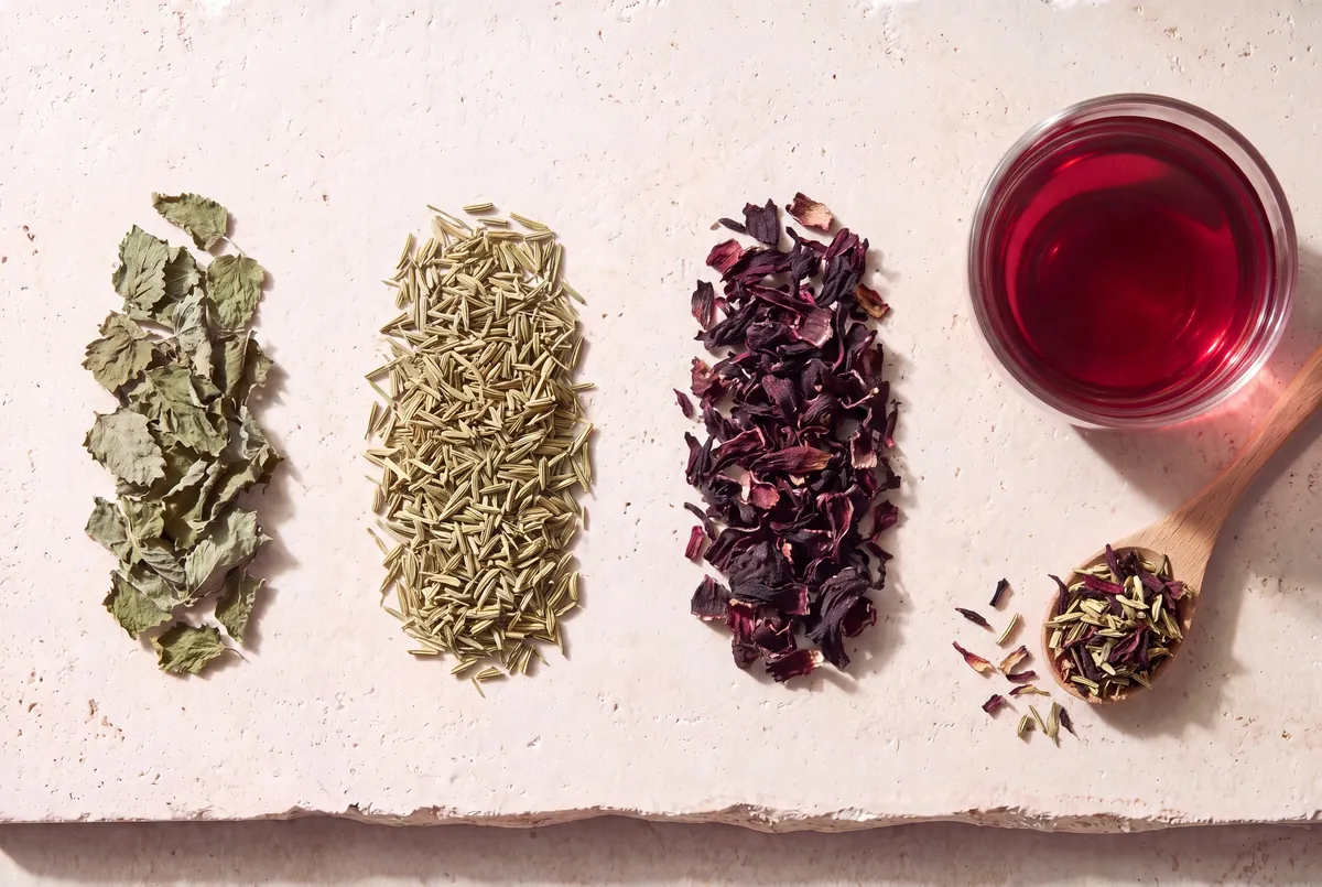 Les plantes de la recette Fraîcheur libre, en tas sur la pierre, et la tasse d'infusion