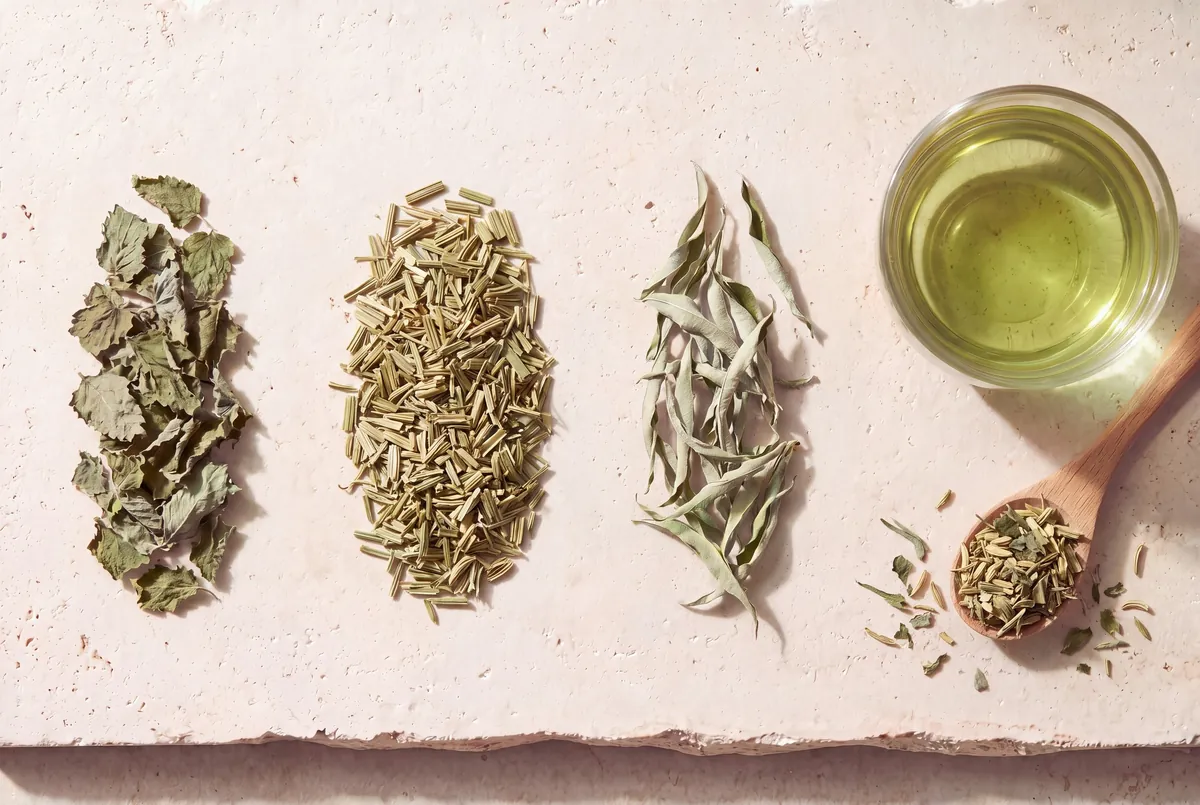 Les plantes de la recette Fraîcheur quotidienne, en tas sur la pierre, et la tasse d'infusion