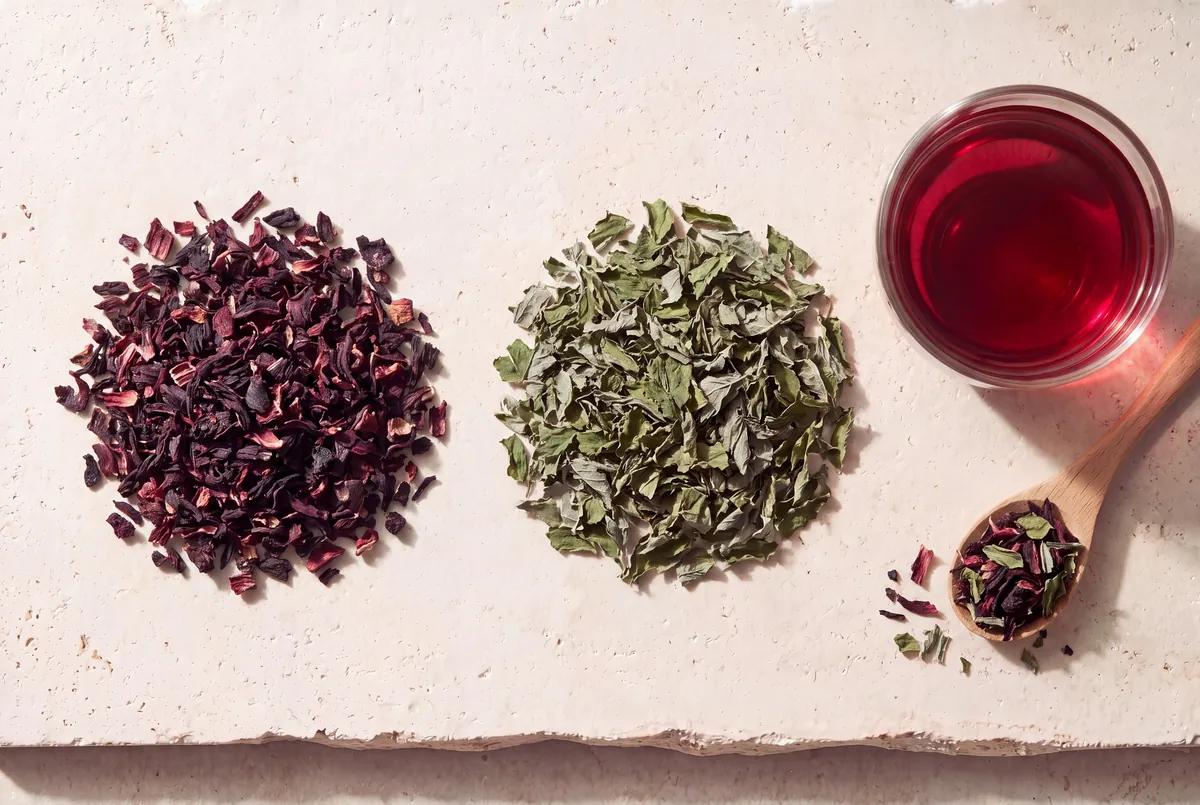 Les plantes de la recette Hibiscus-Menthe glacé, en tas sur la pierre, et la tasse d'infusion
