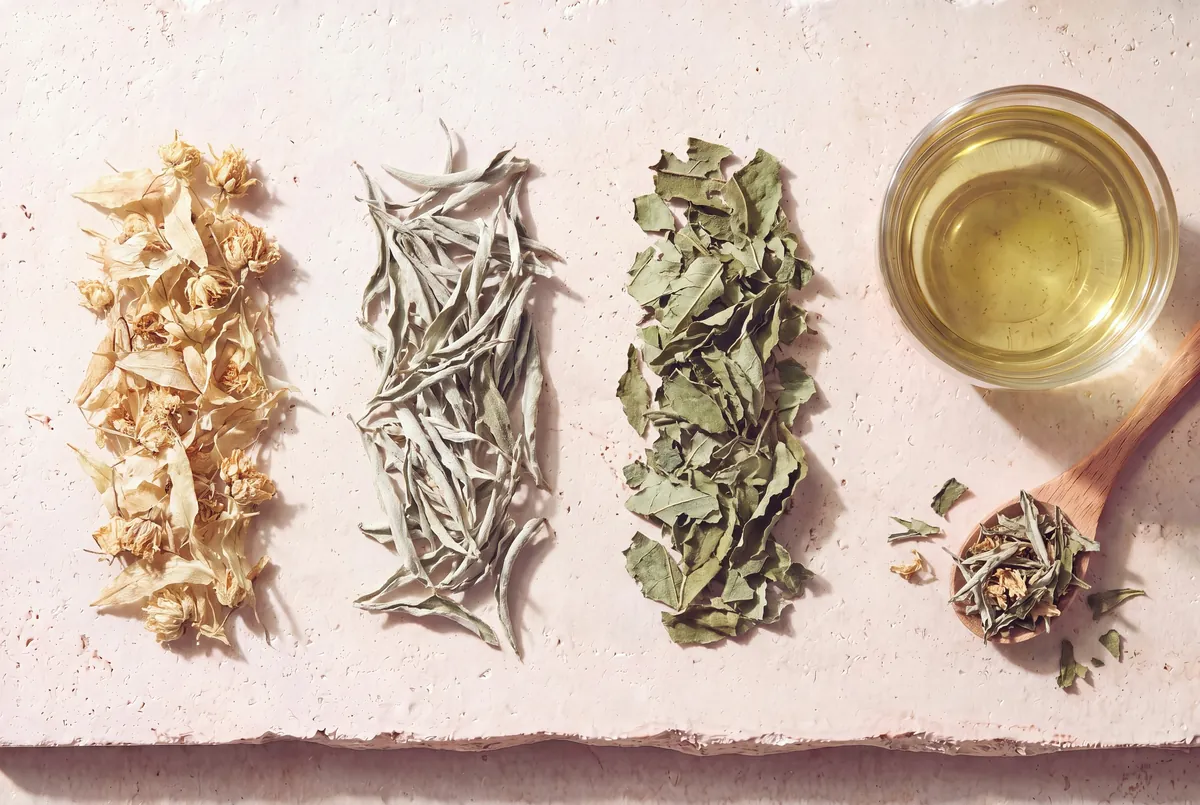 Les plantes de la recette La Pause, en tas sur la pierre, et la tasse d'infusion