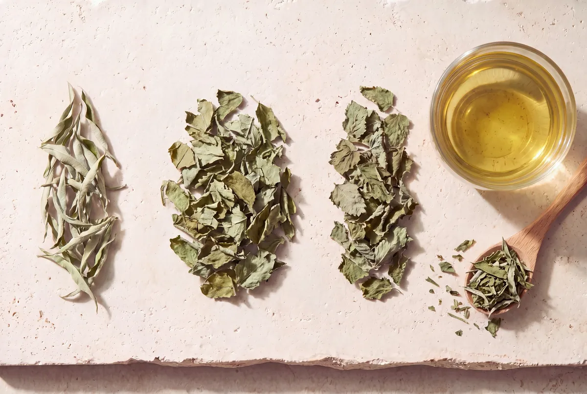 Les plantes de la recette L'Originale POPmix, en tas sur la pierre, et la tasse d'infusion