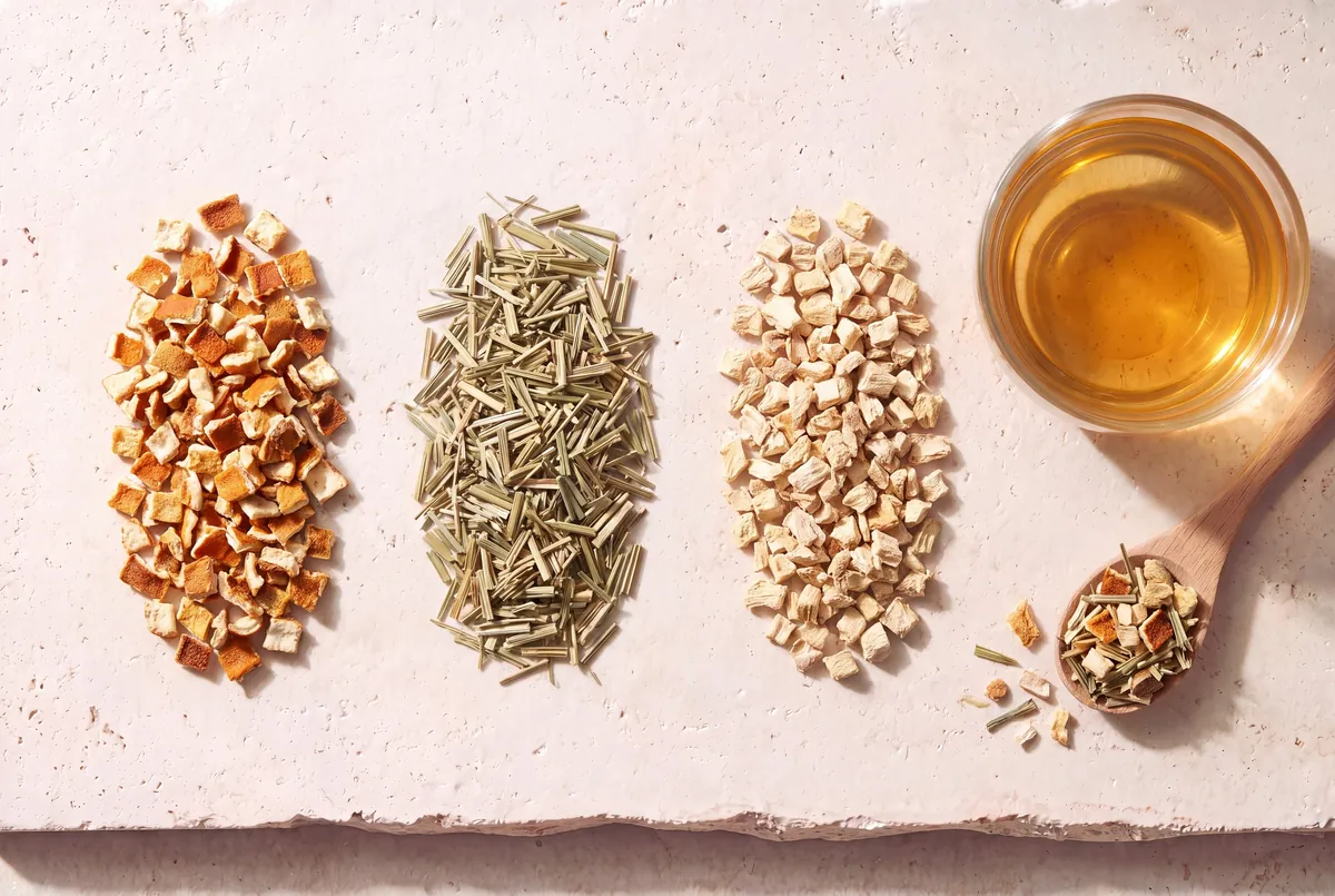 Les plantes de la recette Orange-Gingembre, en tas sur la pierre, et la tasse d'infusion