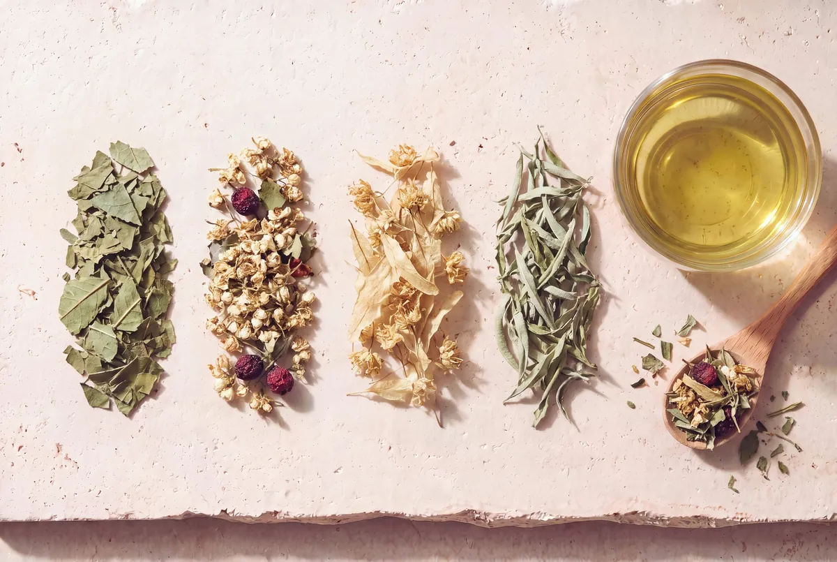 Les plantes de la recette Pression quotidienne, en tas sur la pierre, et la tasse d'infusion