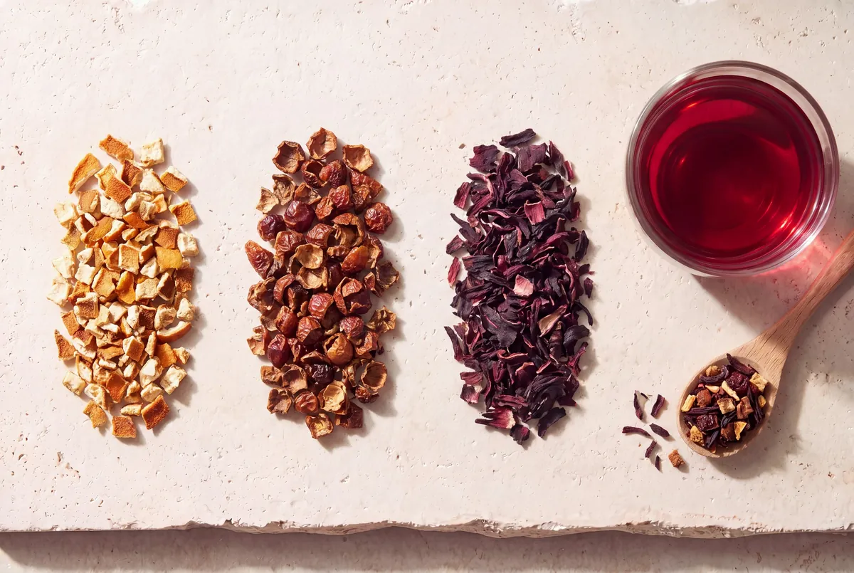 Les plantes de la recette Rouge d'automne, en tas sur la pierre, et la tasse d'infusion