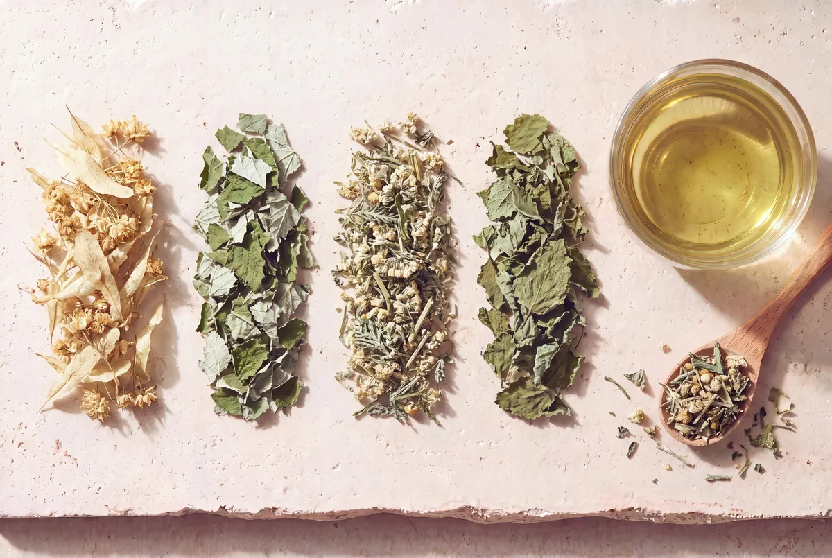 Les plantes de la recette Sommeil & confort féminin, en tas sur la pierre, et la tasse d'infusion