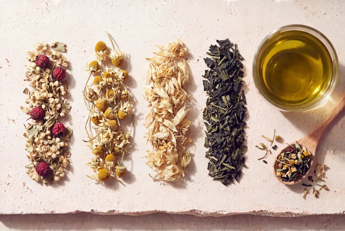 Les plantes de la recette Stress émotionnel, en tas sur la pierre, et la tasse d'infusion