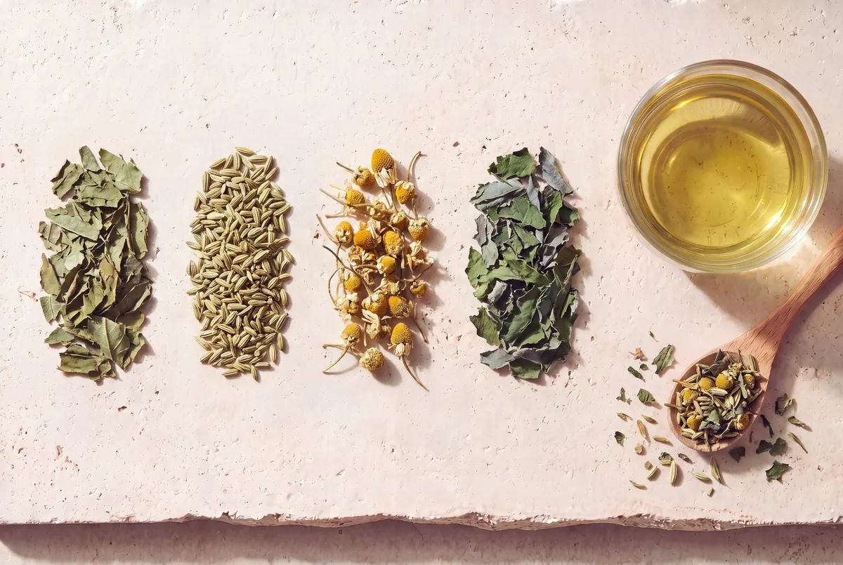 Les plantes de la recette Stress & ventre noué, en tas sur la pierre, et la tasse d'infusion