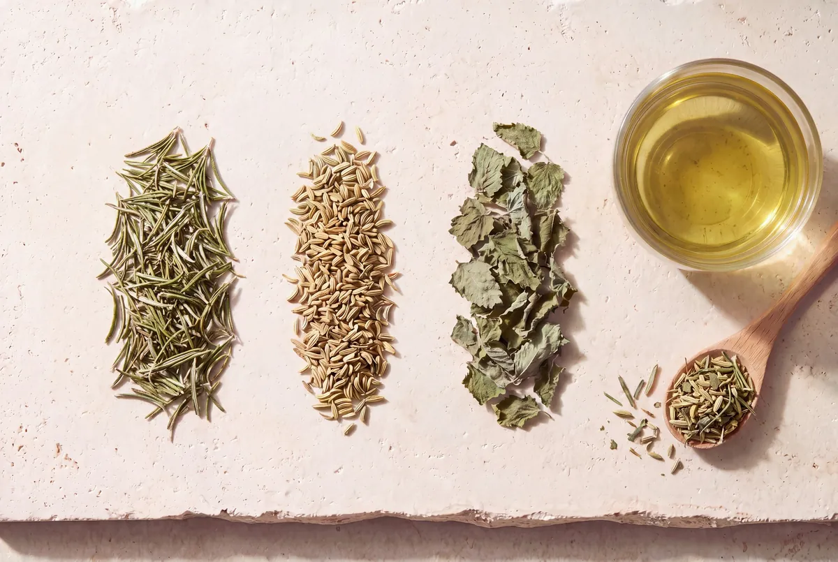 Les plantes de la recette Tonus digestif, en tas sur la pierre, et la tasse d'infusion