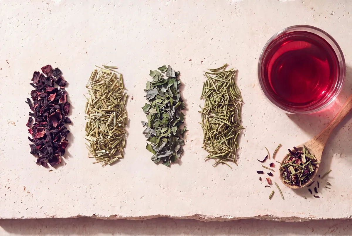 Les plantes de la recette Vitalité légère, en tas sur la pierre, et la tasse d'infusion