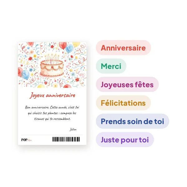 La carte à offrir, et ses six occasions : anniversaire, merci, joyeuses fêtes, félicitations, prends soin de toi, juste pour toi